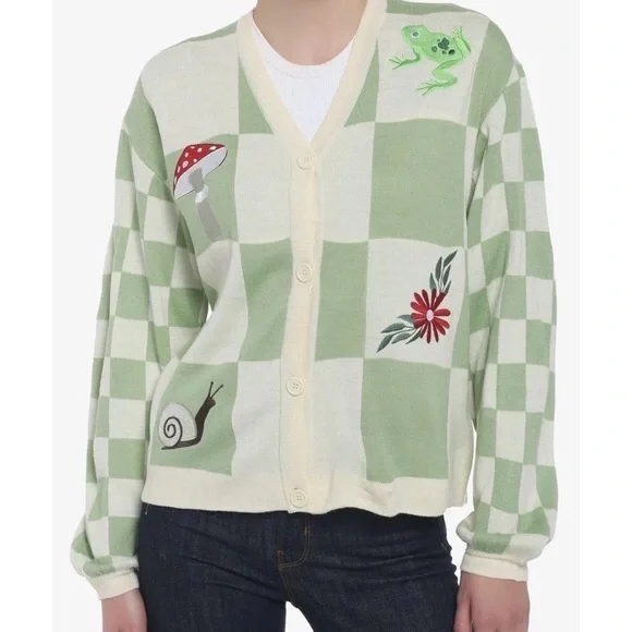 SOLD🛑Thorn Fable Cottagecore Whimsy Embroidered Patch Checkered Oversized Cardi - Picture 1 of 11